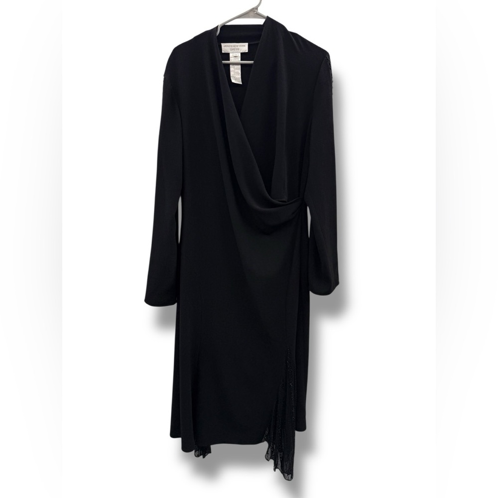 Jones New York Dress Women's‎ Size 14W Black Cowl Neck Long Sleeve Draped Midi